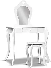 Keezi Kids Vanity Dressing Table Stool Set with Mirror Drawer, 2 in 1 Children Dresser Makeup Desk Chair for Girls Bedroom Furniture, MDF Board Smooth Surface Rounded Corners White