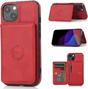 YocoverTech for iPhone 15 Case,for iPhone 15 Back Case,PU Leather Magnetic Back Shell Cover Case with Card Holders[6.1 inch]-Wind red
