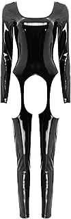 [Vxuxlje] Women's Shiny Faux Leather Hollow Out Bodysuit Long Sleeve Open Crotch Leotard Jumpsuit