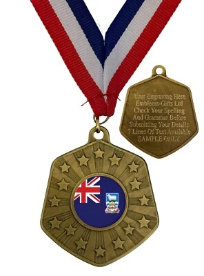 Falkland Islands Flag 66mm Abril Gold Medal & Ribbon Engraved Free