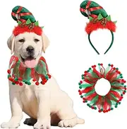 AWOCAN 2PCS Dog Cat Christmas Costume Christmas Collar and Elf Headband Christmas Red and Green Collar Costume for Puppy Kitty Christmas Pet party Dress Xmas Set Clothes (A)