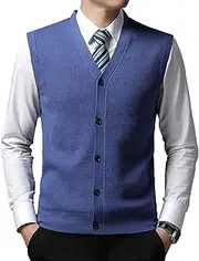 [Gsywaipei] Men's Sleeveless Sweater Vest V-Neck Knitted Cardigan Men Tank Casual Cable Knit Button Down Cardigan Vests, Royal Blue, M