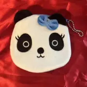 NEW ADORABLE PANDA BEAR BLUE BOW COIN PURSE POUCH ZIP KEYCHAIN EMBROIDERY NIP