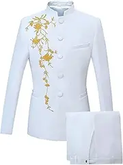 [Aosufei] Men's Button Up 2 Piece Solid Suit Set Floral Slim Fit Wedding Dress Suits Stylish Stand Collar Blazer Pants Sets, B, Large