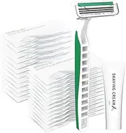 50 Pack 3 Blades Shave Razor kit in Bulk Pivoting Head with Protective Guard 15g Cream Individually Wrapped Paper Bag for Hotel,Airbnb, Homeless,Shelter Camping Travel On The Go