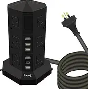 [Powerjc] Tower Power Strip USB Surge Protector Socket 12 AC Outlets with 5 USB or 1 USB C PD 25W totals 6A Ports Chargers 3M Long Extension Cord SAA Certified Black