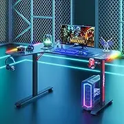 Ufurniture 160cm L Shaped Gaming Desk with Led Light, Black Carbon Fiber Computer Desk Large Office Table with Cup Holder and Headphone Hook,