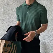 Short-Sleeve Collar Plain Ribbed T-Shirt Green - XL
