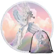 Fantasy Art Over the Rainbow Flying White Horse Round Beach Towel