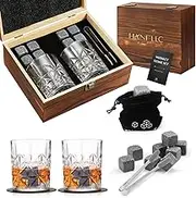 Gift for Men Whiskey Stones Glass Gift Set of 2, Unique Anniversary Birthday Gift Ideas for Him Boyfriend Husband Dad Grandpa, 8 Granite Chilling Stones