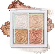 Boobeen Blush and Highlighter Palette- 4-color Metallic Shimmer Shadow Powder, Illuminator Makeup Set for Shading, Highlighting & Defining the Face