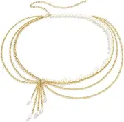 [Generic] Women Multi-Layered Long Metal Big Pearl Waist Chain Belt Bikini Pearl Waistband White Pearl Tassel Hip Belly Body Chain Festival Rave Waist Belt Outfit Dress Pearl Belt