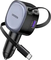 UGREEN 75W Retractable Car Charger 3 in 1 USB C Car Charger Fast Charging Cigarette Lighter Adapter Compatible with MacBook, iPad, iPhone 16 15, Galaxy S25 S24