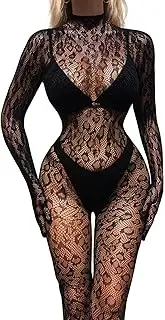 [mom&myaboys] Womens Leopard pattern Fishnet Bodystocking Plus Size Crotchless Bodysuit Sexy Tights Soft Nightwear Lingerie