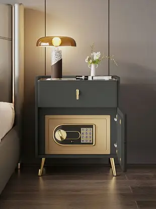 簡約現代帶保險箱床頭櫃家用臥室多功能帶燈無線充電全實木儲物櫃 幸福驛站
