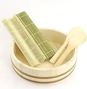 BambooMN 11.8" Hangiri Oke Sushi Rice Cooling Bowl/Tub with 5 Pieces Sushi Making Serving Accessory Kit - Medium