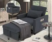 SEJOV Sleeper Chair, 4 in 1 Convertible Sofa Bed Modern Pullout Lounge Chaise Chair w/Adjustable Backrest, 2 Side Pockets & Pillow, Corduroy Single Recliner for Small Spaces, Dark Gray
