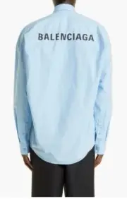 $1350 Mens Balenciaga Logo Back Oversized Button Up Shirt Sky Blue 3 Large Eu 38