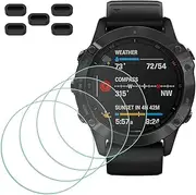 Screen Protector for Garmin fenix 6/6 Pro/ 6 Multisport GPS Smartwatch [4 Pcs] + Anti-dust Plugs 5Pcs, MTHGH Tempered Glass 9H Hardness Sensitive Touch Bubble Free Film Ultra-Thin Protective Cover