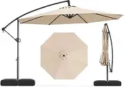[Costway] 3m Offset Hanging Umbrella with Base, Patio Cantilever Umbrella w/Infinite Tilt, 360° Rotation, Crank Handle, Sun-Protective Canopy, Heavy-Duty Outdoor Parasol for Pool Garden Lawn Deck