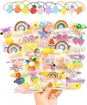 52PCS Baby Girls Hair Clips, Cute Hair Clips Cute Hair Accessories Rainbow Hairpin Set, Hairpin Candy-coloured Kid's Flowers Fruit Dessert Patterns Hair Barretes for Toddlers Girl Teens Kids