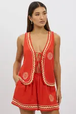 Red Linen Vest Sleeveless Embo - Size 12M, Women's Jacket