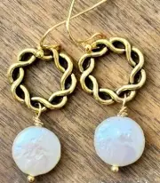 Gold Ring and Freshwater Coin Pearl Dangle Earrings. Ocean. Beach