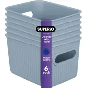 Superio 1.5 L Mini Ribbed Storage Bin- Plastic Storage Basket (Blue, 6 Pack)