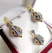 STUNNING ENAMEL EGG PENDANT & EARRINGS SET SOLID STERLING SILVER 925 & 24K GOLD