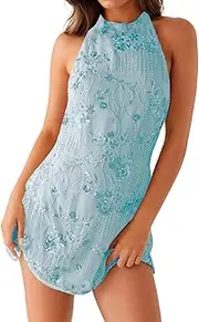 [Sujama] Sequin Mini Dress Women Sparkly Rhinestone Sexy Backless Halter Dresses Tie Back Glitter Dress Party Clubwear