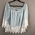 Unique Spectrum Top Womens 2X Plus Size Light Blue Lace Trim Boho Artsy NEW