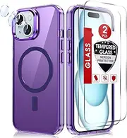 LeYi for iPhone-15 Case 6.1'': [Compatible with Magsafe] Support Magnetic Charging with 2 X Tmepered Glass Screen Protection & 2 X Camera Lens Protector, Military-Grade para iPhone15Case, Purple