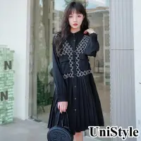 在飛比找momo購物網優惠-【UniStyle】假兩件長袖洋裝 韓系赫本風百褶裙百連身裙