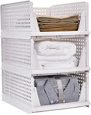 3 Pack Stackable Clothes Storage Folding Wardrobe Storage Box Basket Organizer Bins Sliding Cabinet Drawer Shelf for Wardrobe Cupboard Kitchen Bathroom Office (White)