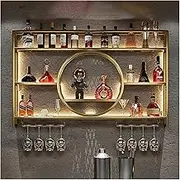 Wall Mounted Wine Rack 3 Tier, Led Hanging Metal Round Wine Rack Cabinet, Metal Bar Liquor Shelves and Wine Glass Holder, Wine Bottle Shelf, for Home Restaurant Bar(Gold,140x80x15c