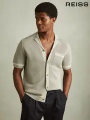 Reiss Light Sage Green Albion Open-Stitch Cuban Collar Shirt (H87796) | $260