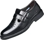 [LVOMU] Men's Leather Dress Loafers with Adjust Buckle Strap Fashion Breathable Hole Round Toe Slip On Dressy Shoes for Daily Business Wedding Working