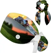[FVQL] 2 Pack Surgical Hats for Women, Ponytail Scrub Cap with Hair Scrunchies, Sunset Pattern Australian Shepherd Dog