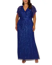Adrianna Papell Plus Beaded Surplice Neck Gown