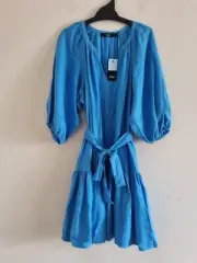 SPORTSGIRL Womens Blue Linen Blend Mini Dress Balloon Sleeves Size 4 BNWT