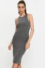 Grey Racer Neck Tie Front Midi Bodycon Dress - Size 6, Women's F Bodycon Dress