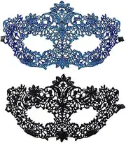 2 pcs Masquerade Lace Mask for Women, for Cosplay Venetian Mardi Gras Halloween Party - Blue, Black