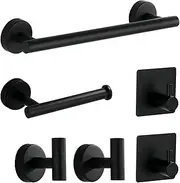 Bathroom Hardware Set 6-Piece - Towel Bar Toilet Paper Holder Wall Mounted 2 Towel Hooks 2 Adhesive Hooks - Stainless Steel Bathroom Accessories（Black）