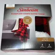 Sunbeam Electric Microplush SHERPA Heated Throw Blanket, Red Black Plaid 50 x 60