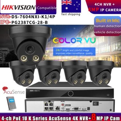 Hikvision Compatible 8MP Color 4K IP Camera+DS-7604NXI-K1/4P NVR CCTV System Lot