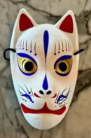 NEW: Japanese Traditional White Blue & Red Fox Mask KITSUNE, Stamped Japan