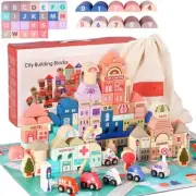 115 Pcs Wooden City Building Blocks Set, Colorful Stacking Preschool Educatio...