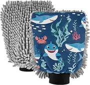 Washing Mitts Car Wash Absorbent Chenille Microfiber Cleaning Scrub Pads Car Detailing Soft Scratch Free Cute Cartoon Sharks Blue, Medium x 2 Pack
