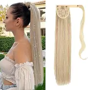 Straight Ponytail Extension blonde, 22Inch Long Drawstring Straight Hair Extensions Natural Soft Synthetic Pony Tail Hairpiece for Women Girls (22/613 Ash Blonde Mix dark blonde)