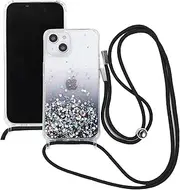 ELTIIGO for iPhone 14 Strap Case with Crossbody Lanyard, Clear Glitter Shiny Bling Sparkle Shockproof Cover with Soft TPU Bumper, Adjustable Shoulder Neck String for Girls Women - Black